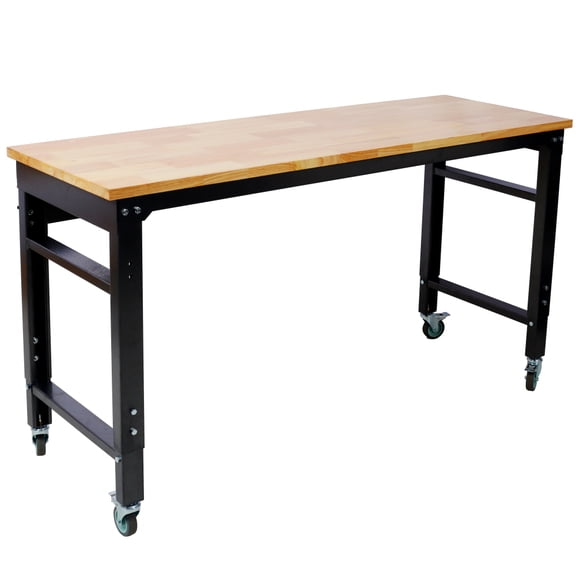 Tcbosik Height Adjustable Workbench on Wheels, 60" x 20" Rubber Wood Top Work Station, Heavy-Duty Work Table for Kitchen, Garage, Black