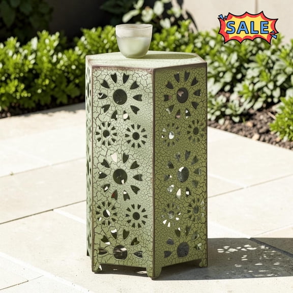 Tcbosik Hexagon Metal End Table, 14 Inch Small Side Table with Cut Out Design, Accent Table for Patio, Garden, Backyard, Green