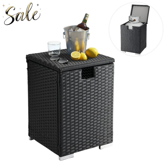 Tcbosik Hidden Propane Tank Side Table w/ 20-Gallon Storage Space, All-Weather PE Rattan & Iron Frame, 110lbs Load Capacity for Indoor/Outdoor; Easy Assembly, 15.75"L x 15.75"W x 22.44"H, Black