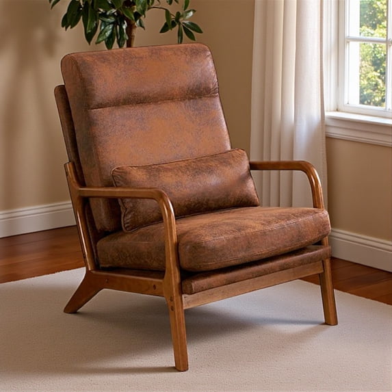 Tcbosik High Back Mid-Century Modern Armchair, Bronzing Cloth Upholstered Lounge Chair with Solid Wood Frame and Waist Pillow for Living Room, Study, or Balcony (Brown)