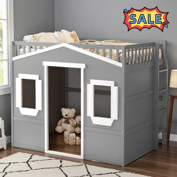 Tcbosik House Shaped Loft Bed Full Size, Bed Frame with Windows, Ladder ...