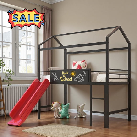 Tcbosik House Shaped Loft Bed with Slide and Blackboard, Twin Size Metal Bed Frame with Ladder and Guardrail, Space Saving, Black & Red