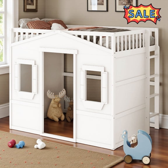 Tcbosik House Shaped Loft Bed with Windows, Full Size Wood Bed Frame with Ladder and Guardrail, Easy Assembly, White