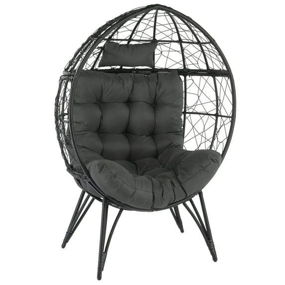 Tcbosik Indoor/Outdoor Wicker Egg Chair with Cushion, Egg-Shaped Basket Lounge Chair for Patio Backyard Balcony, 400lbs Capacity, Black