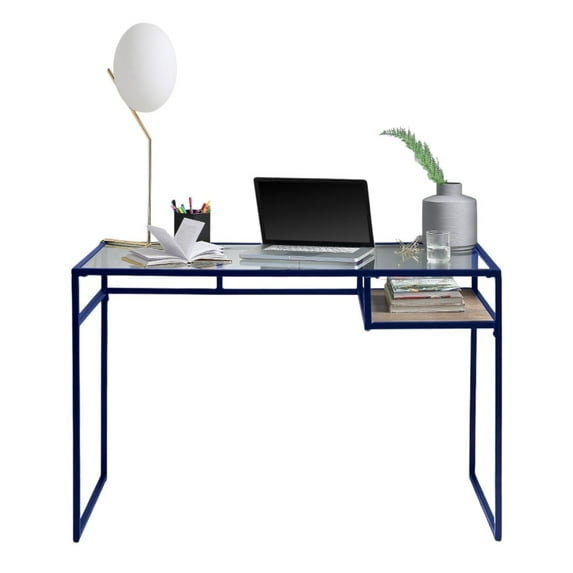 Tcbosik Modern Glass Writing Desk with Storage Shelf, 48” Home Office Computer Table with Metal Frame in Blue, for Bedroom, Study, Living Room