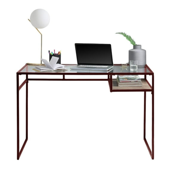 Tcbosik 48" Home Office Desk with Clear Glass Top and Wooden Shelf, Modern Computer Table Study/Wariting Workstation w/ Metal Frame, Red