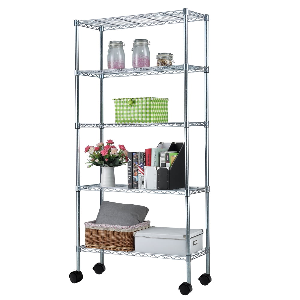Tcbosik Iron Wire Rack Shelving with Wheels, 5 Tiers Display Shelf for
