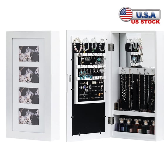Tcbosik Jewelry Cabinet with Photo Storage and Build-in Makeup Mirror, Armoire Cabinet, Damp-proof Jewelry Organizer, Jewelry Wall Display Cabinet, White