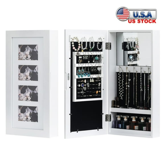 Tcbosik Jewelry Cabinet with Photo Storage and Build-in Makeup Mirror, Armoire Cabinet, Damp-proof Jewelry Organizer, Jewelry Wall Display Cabinet, White