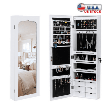 Tcbosik Jewelry Mirror Cabinet with Storage and Blue LED Lights, Door Hanging/Wall Mounted Cabinet Organizer, Full Body Mirror with Wood Frame, White