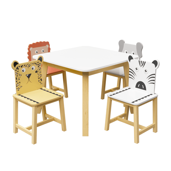 Tcbosik Kids Table & Chairs Set, 5 Piece Kiddy Table and Chair Set, Square Wood Table, 4 Chairs with Cartoon Animals Backrest, Toddler Table and Chair Set for Child 3-8 Years Old, White