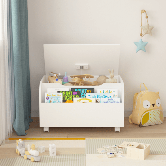 Tcbosik Kids Wooden Toy Box with Universal Wheels, Toy Storage Chest with Bookshelf, Flip-Top Lid and Safety Hinge, 23.6"L Toddler Toy Storage Bench for Nursery Bedroom Playroom, White