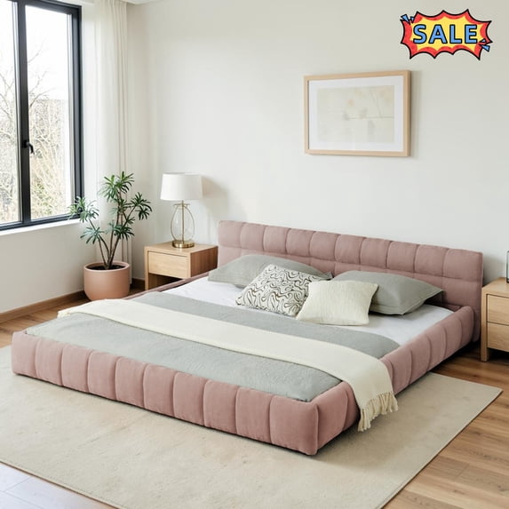 Tcbosik King Size Upholstered Chenille Fabric Platform Bed, Wood Slats Support, No Box Spring Needed, Pink
