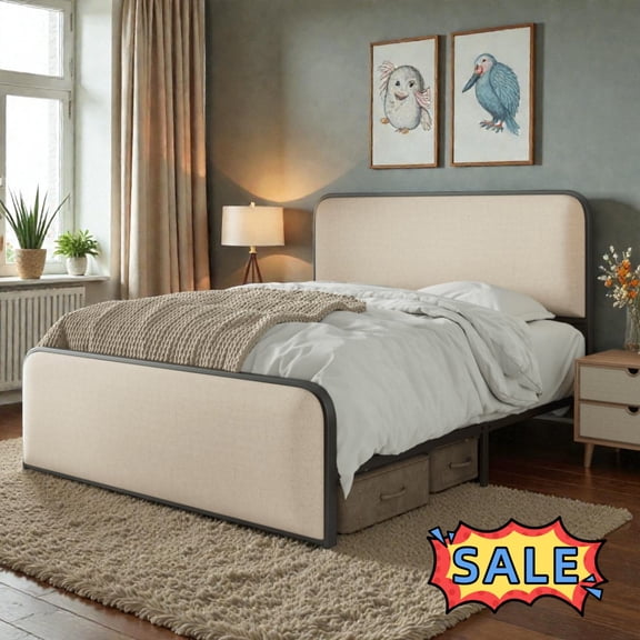Tcbosik King Size Upholstered Platform Bed, Modern Bed Frame, Metal Slats Support, Easy Assembly, Beige