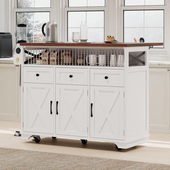 Tcbosik Kitchen Island with Drop Leaf Top and Charging Station, Rolling Island Cart with Drape of Beads and Metal Wine Rack, Mobile Prep Table with Doors and Drawers for Dining Room, White