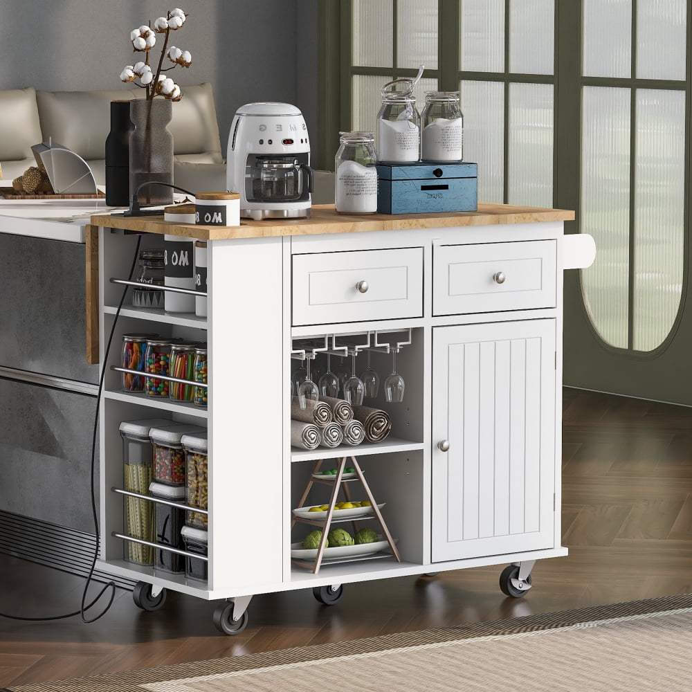 Tcbosik Kitchen Island with Drop Leaf Top & Power Outlet, Rolling Cart ...