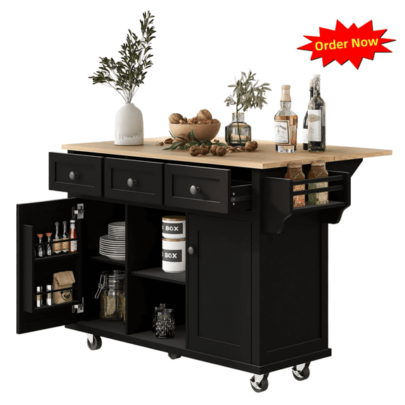 Tcbosik Kitchen Island with Drop Leaf Top on Wheels, Rolling Island Cart with Adjustable Shelf, 2 Doors and 3 Drawers, Mobile Storage Cabinet with Towel Holder and Spice Rack, Black