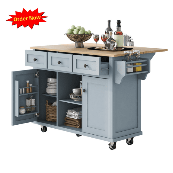 Tcbosik Kitchen Island with Storage on Wheels, Island Cart with Adjustable Shelf, 2 Doors and 3 Drawers, Rolling Table with Drop Leaf Top, Spice Rack and Towel Holder, Blue