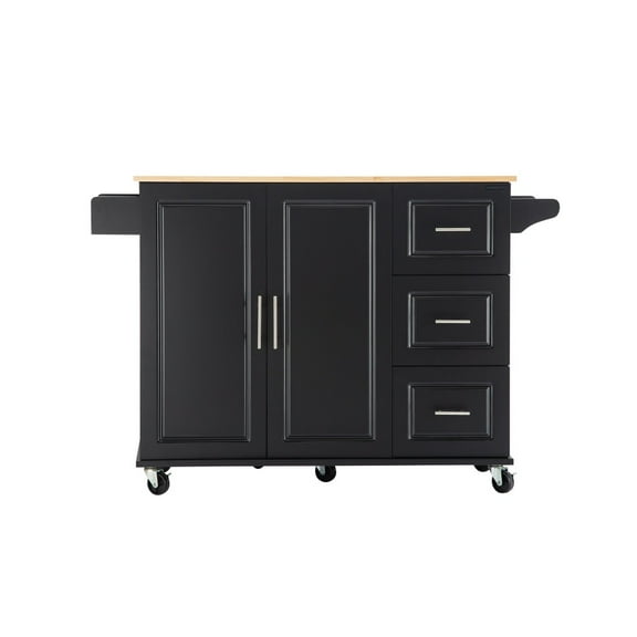 Tcbosik Kitchen Island with Wheels, 51" Dining Table with Drop Leaf Countertop, Adjustable Shelf and 3 Storage Drawers, Island Table for Dining Room, Black