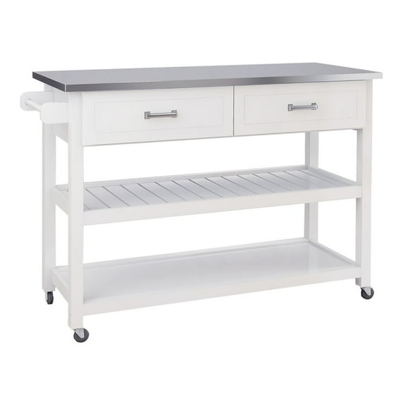 Tcbosik Kitchen Island with 2 Drawers Stainless Steel Table Top Storage Cabinet on Wheels, White