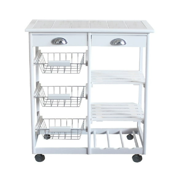 Tcbosik Kitchen Island with Drawers, Serving Cart with 3 Baskets and 3 Shelves, Storage Rack with Rolling Wheels, White