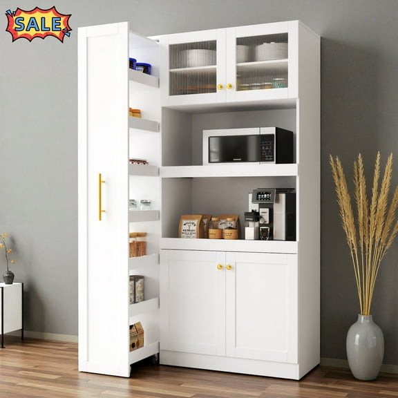 Tcbosik Kitchen Pantry Storage Cabinet with Pull-Out Side Shelves and Microwave Stand, Floor Buffet Cabinet with Hutch and 4 Doors, Cupboard for Dining Room, Living Room, Space Saving, White