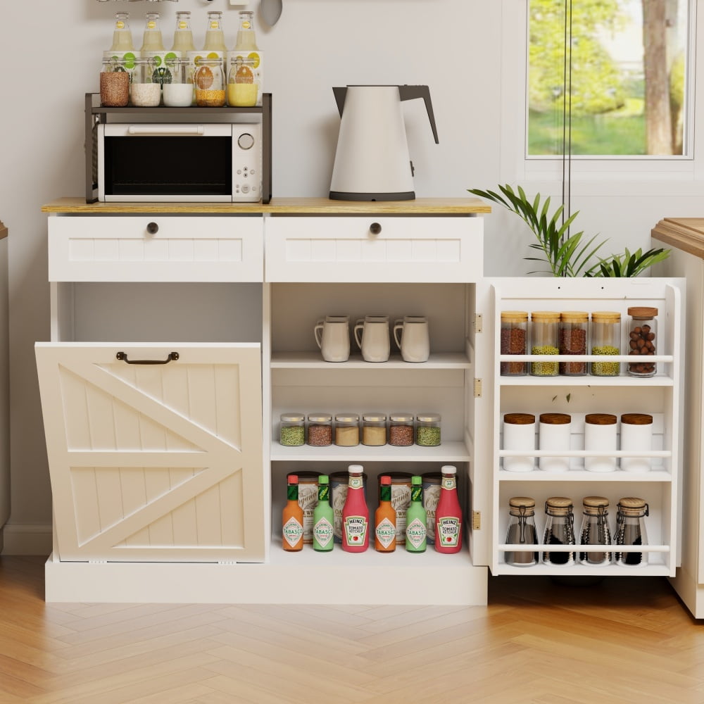 Tcbosik Kitchen Storage Cabinet with 10 Gal Tilt Out Trash Cabinet and ...