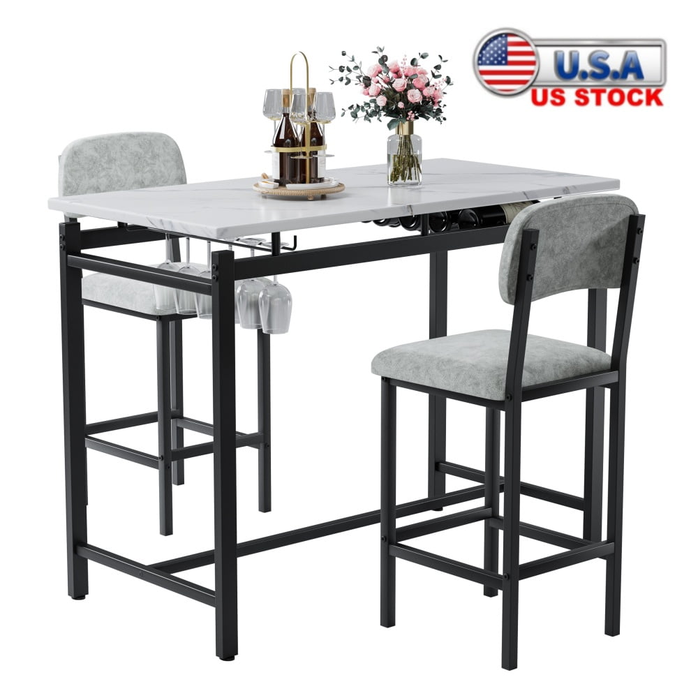 Gray and White Marble Top Pub Table Set with Upholstered Chairs