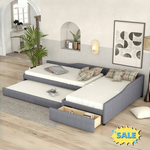 Tcbosik L-Shape Upholstered Daybed with Trundle and Storage Drawer, Twin Size Linen Fabric Sofa Bed, Bed Frame for Small Space, No Box Spring Needed, Gray