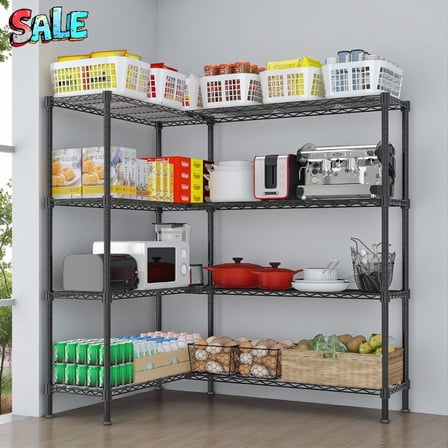 Tcbosik L Shaped Adjustable Storage Rack, 58''W 4 Tier Standing Wire Shelving Unit, 1200LBS Capacity for Garage/Basement/Pantry/Office Organizer, 57.87"L x 13.78"W x 59.05"H, Black