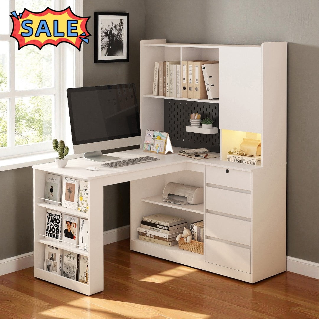 Tcbosik L-Shaped Corner Desk with LED Lights and Charging Station, Computer Desk with Hutch, Bookshelf & Pegboard, Writing Table with Shelf, Door and 4 Drawers for Home Office, White
