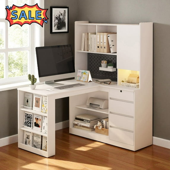 Tcbosik L-Shaped Corner Desk with LED Lights and Charging Station, Computer Desk with Hutch, Bookshelf & Pegboard, Writing Table with Shelf, Door and 4 Drawers for Home Office, White