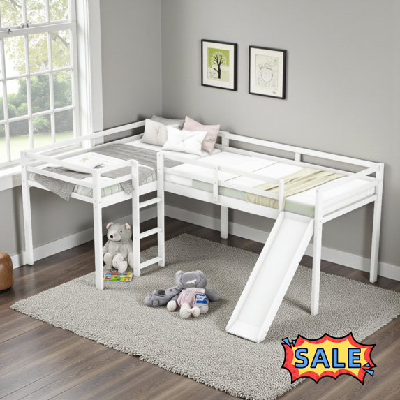 Tcbosik L-Shaped Loft Bed with Ladder and Slide, Twin Size Wood Bed Frame with Safety Guardrail for Small Space, No Box Spring Needed, White