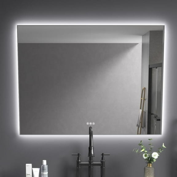 Tcbosik LED Bathroom Mirror, 48" x 36" Stepless Dimmable Vanity Mirror with Anti-Fog, Smart Touch Button, Memory Function, Wall Makeup Mirror with Backlit, Silver