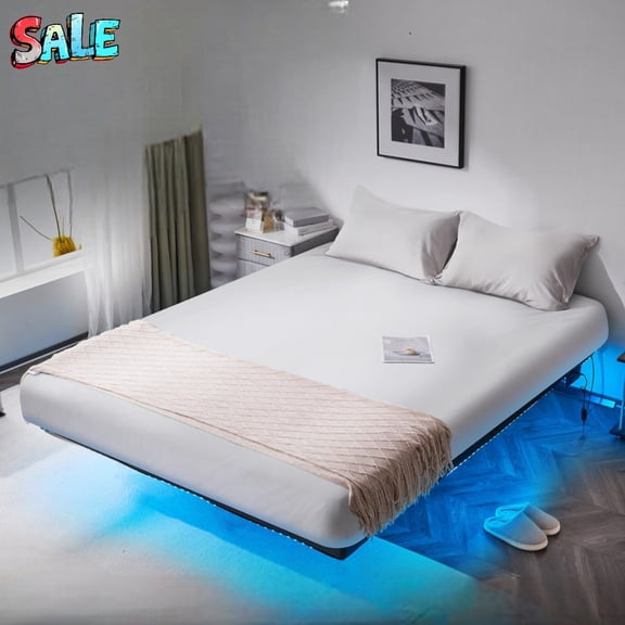 Tcbosik LED Platform Bed Frame with Power Outlet, King Size Modern Floating Metal Bedframe 14 Inch Height, No Box Spring Needed, RGB Lighting & Under Bed Storage (Black)