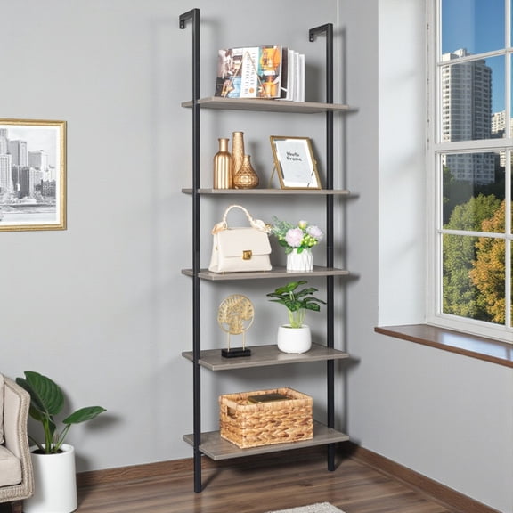 Tcbosik Ladder Shelf, 5-Tier Wall Mounted Bookcase with Metal Frame, Open Design Shelves for Living Room,Bedroom,Home,Office, Rustic Gray (23.6" L x 11.8" W x 70.9" H)