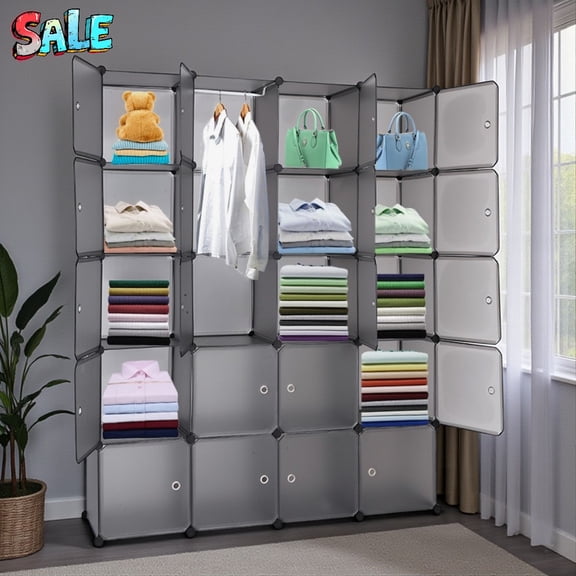 Tcbosik Large 20-Cube Plastic Closet Organizer with Hanging Rod, Semi-Transparent DIY Modular Cube Storage System for Clothes, Toys, Office & Apartment, 58"L x 14.5"W x 70"H (Gray)