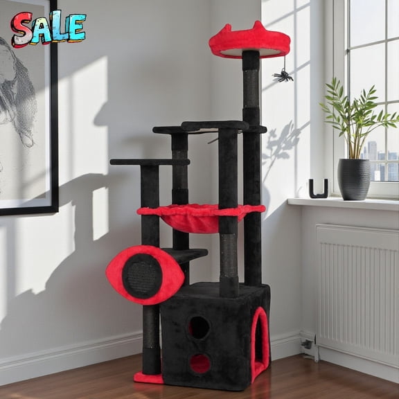 Tcbosik Large Cat Tower with Hammock, Bat Platform, Padded Perch & Spider Toy, 52.65" Gothic Cat Tree with Red Eye Motif & Anti-Tip Kit, Multi-Level for Energetic Cats, Black and Red