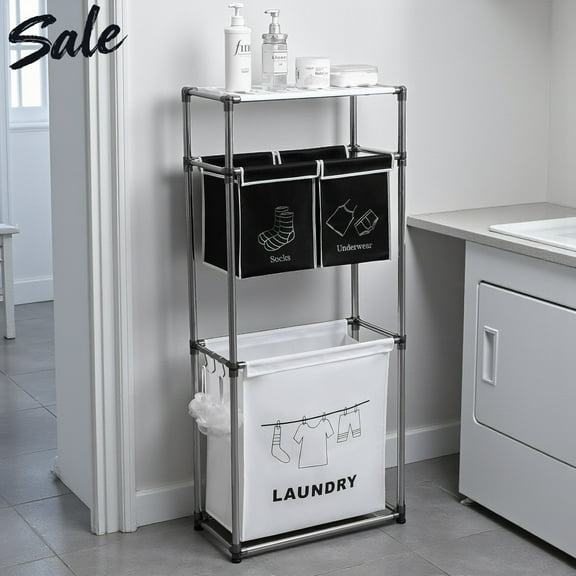 Tcbosik Laundry Sorter 3 Section Laundry Hamper Sorter with Storage Top Shelf and Removable Bags, 3 Compartment Laundry Hampers for Laundry Room Organization Baskets (Black and White)
