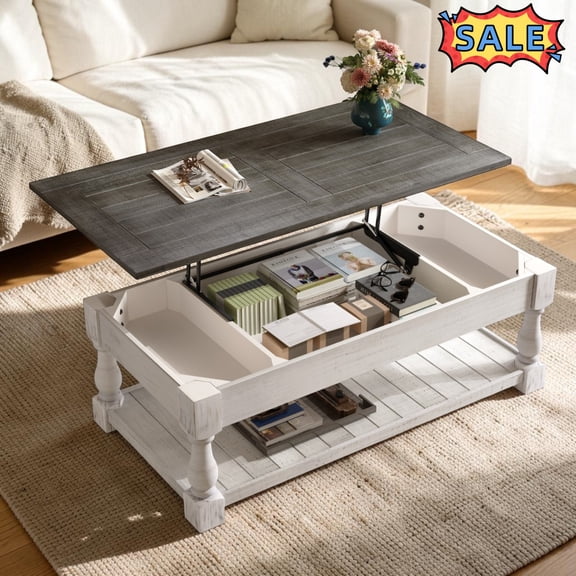 Tcbosik Lift Top Coffee Table with Storage Shelf, 47.2" Rectangle Tea Table, 2-Tier Center Table for Living Room, Easy Assembly, Antique Grey & Ancient White