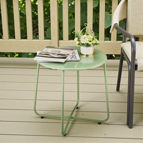 Tcbosik Light Green Round Side Table, 20-Inch Powder-Coated Steel Patio Table with X-Shaped Base & Adjustable Feet, Indoor Outdoor Accent Table for Balcony, Garden & Living Room