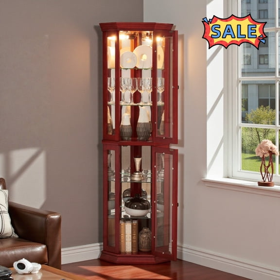 Tcbosik Lighted Corner Display Cabinet with Glass Doors, 70"H Curio Cabinet with Adjustable Shelves, Free Standing Storage Cabinet for Living Room, Dining Room, Cherry
