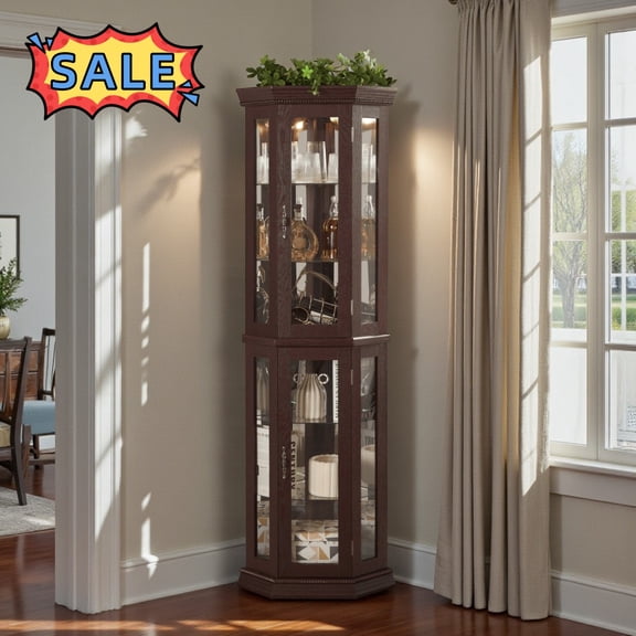 Tcbosik Lighted Curio Cabinet with 2 Glass Doors, 70"H Display Cabinet with Adjustable Shelves, Corner Storage Cabinet, Bar Cabinet for Kitchen, Living Room, Dining Room, Dark Cherry