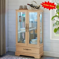 Tcbosik Lighted Curio Cabinet with Drawer and 2 Doors, 47.4"H Glass Display Cabinet with Adjustable Shelves, Storage Cabinet for Living Room, Light Oak