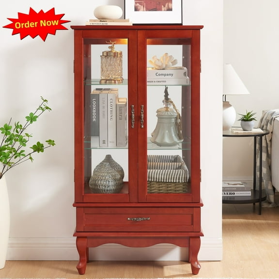 Tcbosik Lighted Display Curio Cabinet with Drawer and 2 Doors, 49.4" Glass Storage Cabinet with Adjustable Shelves, Accent Cabinet for Home Office, Living Room, Cherry