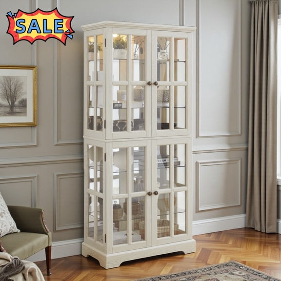 Tcbosik Lighted Glass Curio Cabinet with 4 Doors, 68.7"H Display Cabinet with Adjustable Shelves, Freestanding Storage Cabinet for Kitchen, Living Room, Dining Room, White