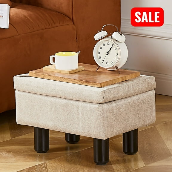 Tcbosik Linen Fabric Ottoman with Storage, 15.9" Upholstered Footstool with Tray Lid & Wood Legs, Footrest for Small Space, Living Room, Bedroom, Entryway, Khaki