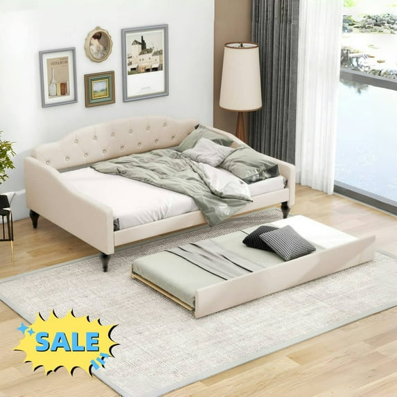 Tcbosik Linen Fabric Upholstered Daybed with Trundle, Full Size Sofa Bed, Wood Bed Frame, No Box Spring Needed, Beige
