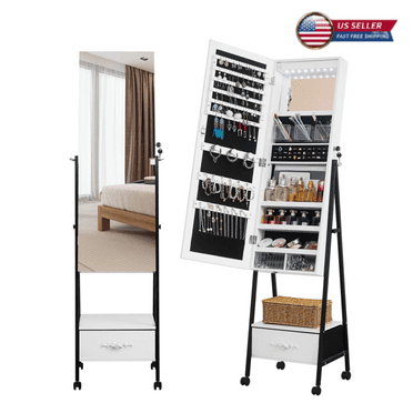 Tcbosik Mirror Jewelry Cabinet with Full Length Mirror, Lockable Jewelry Armoire Organizer with Makeup Mirror & LED Lights, Wheels and Storage Drawer, White