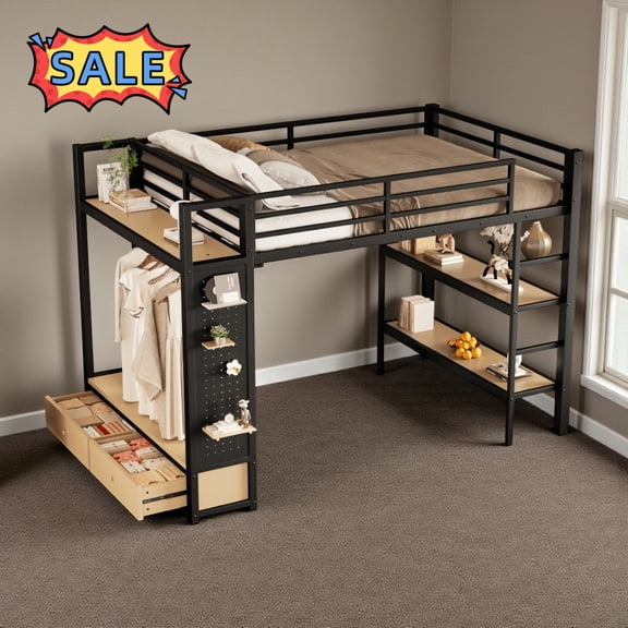 Tcbosik Loft Bed with Pegboard and Hanging Rod, Full Size Bed Frame with Shelves and Drawers, Ladder and Guardrail, Metal Slats Support, No Box Spring Needed, Black